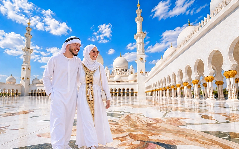 Couple enjoying the beauty of Shiekh Zayed Mosque
