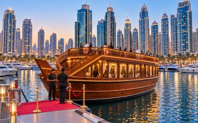 Dubai Marina skyline and dhow cruise boat illuminated at night