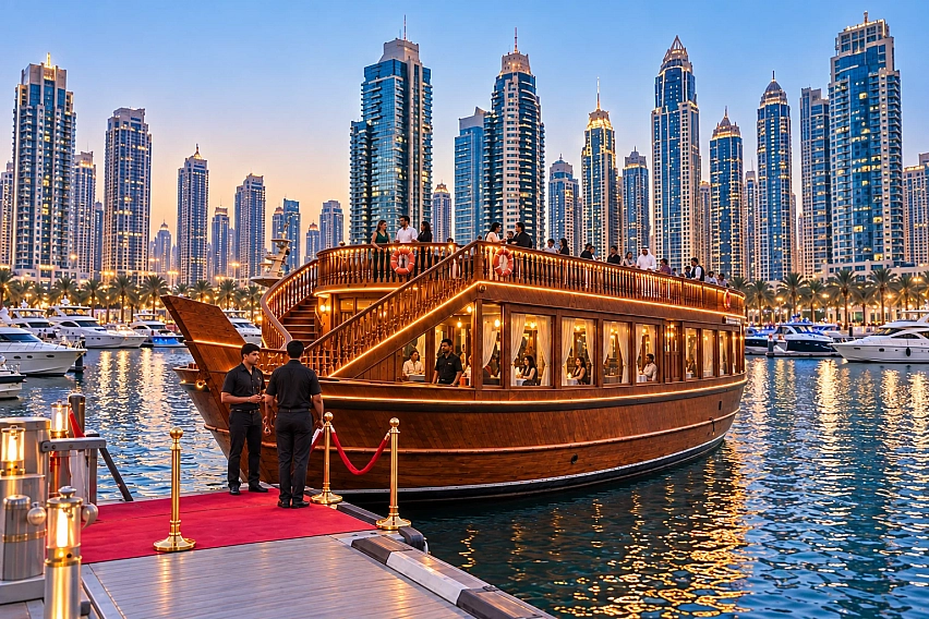Dubai Marina skyline and dhow cruise boat illuminated at night