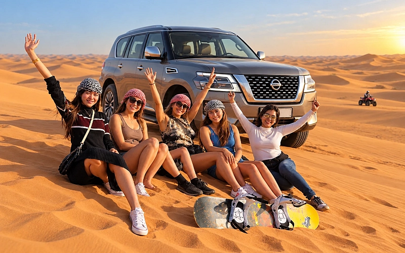 Travelers enjoying the golden sand dunes during Desert Safari Tour