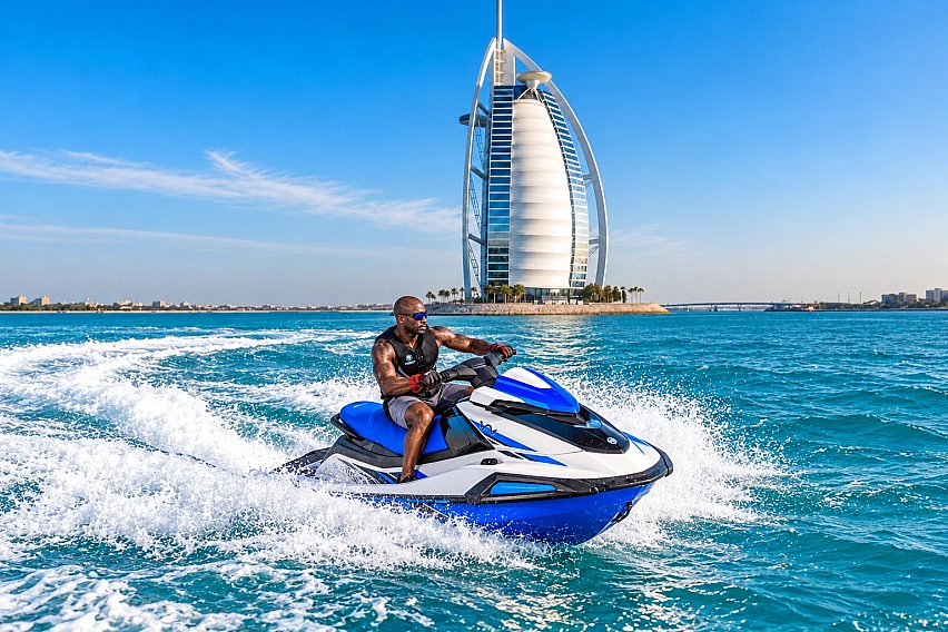 Rider on a jet ski with a clear view of the Burj Al Arab from the sea