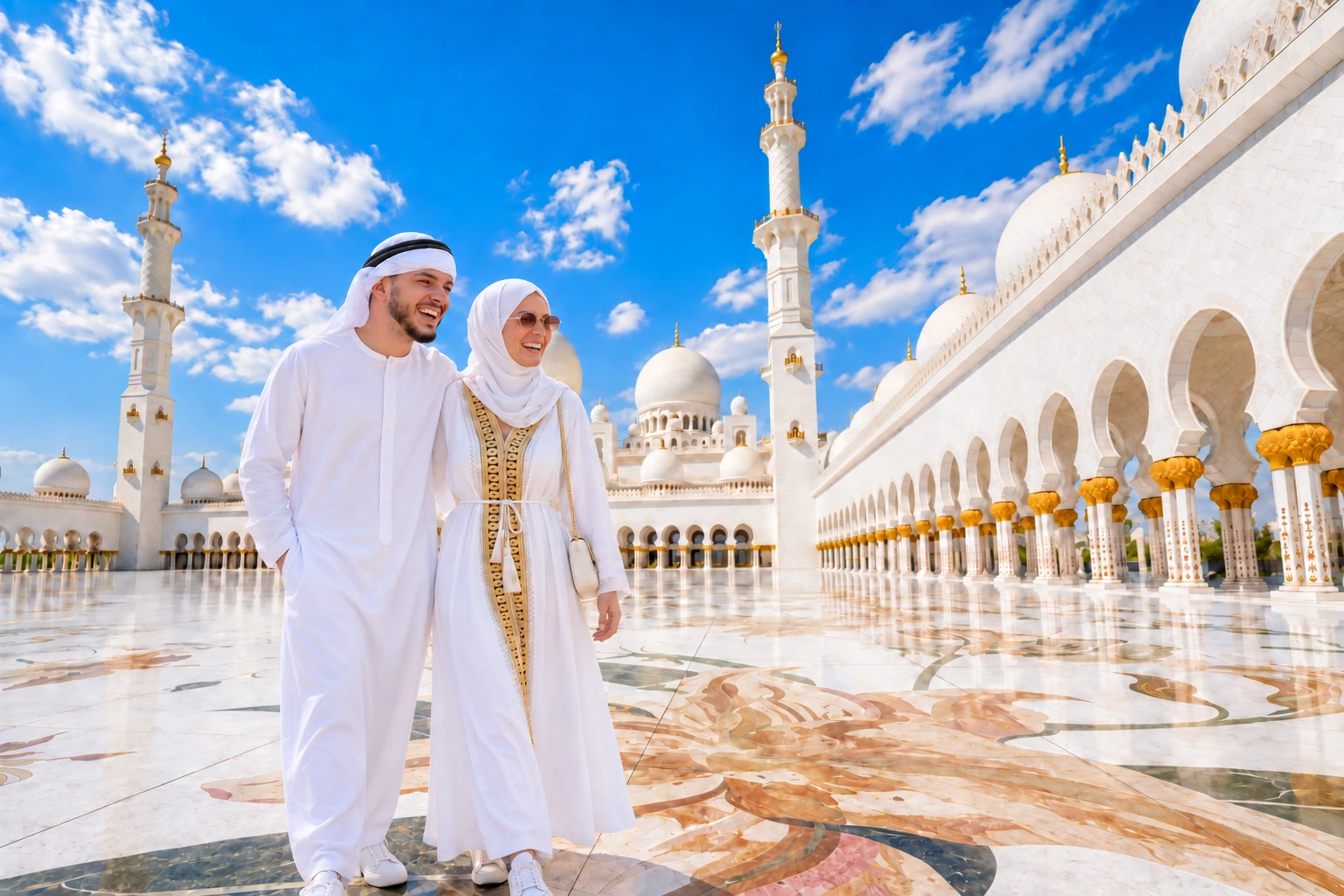 Couple enjoying the beauty of Shiekh Zayed Mosque