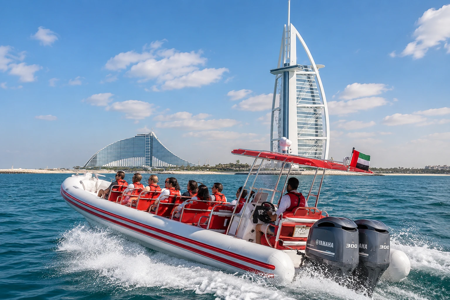 Speed boat cruising across the sea on a sightseeing tour along Dubai's coastline