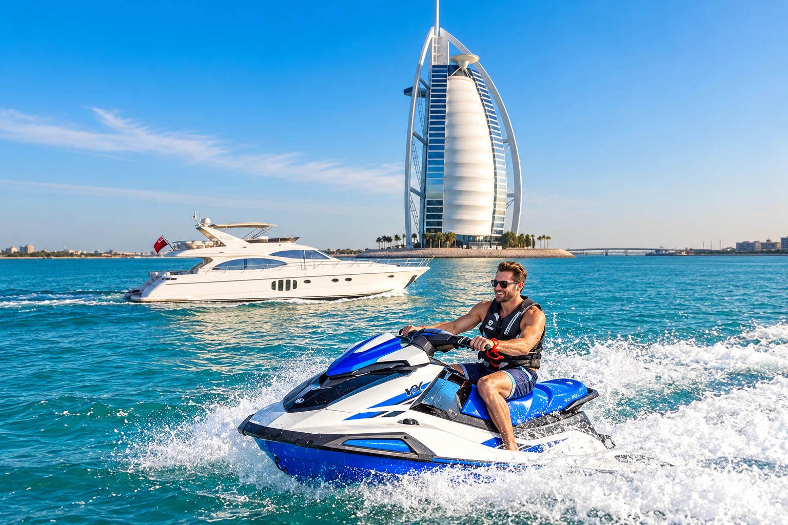 Jet ski rider enjoying a water adventure with Burj Al Arab in the background in Dubai