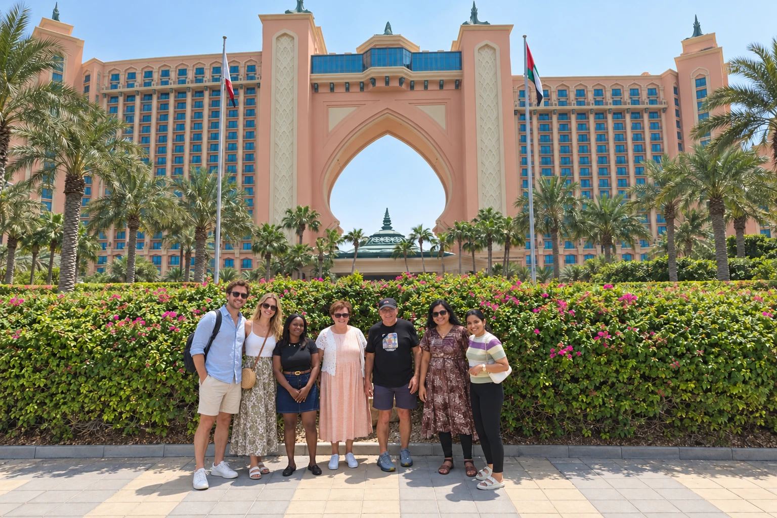 Group of travelers enjoying an Atlantis The Palm photo stop in Dubai